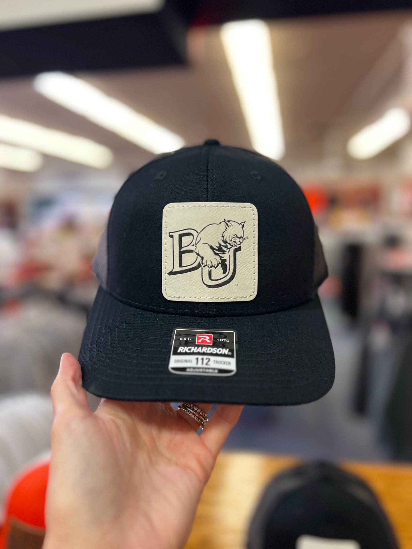 BU Leather Patch Trucker Hat