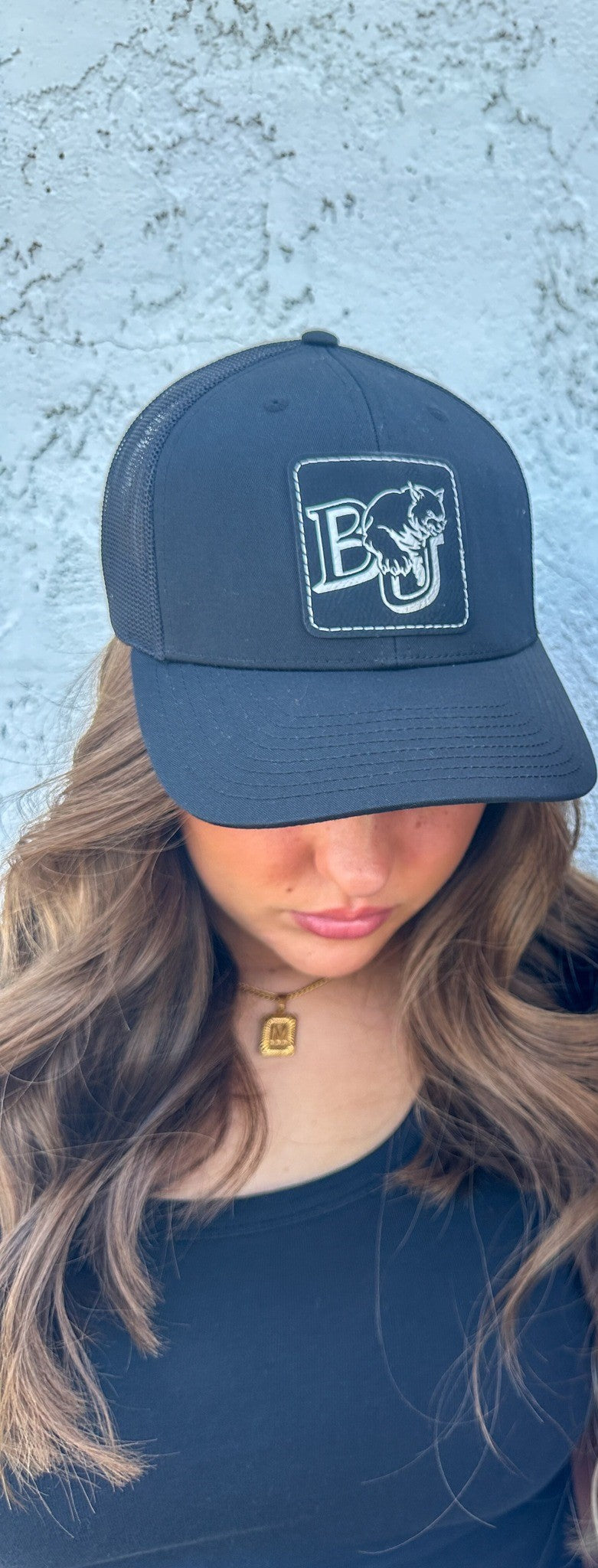 BU Leather Patch Trucker Hat